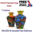 Eye Catching 7 Inch Handmade CLAY VASE Hand Painted Flower Design Home Table Pot
