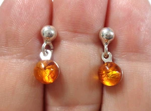 Sterling 925 Stamped, Vintage, Amber Small Cabochons Dangle Earrings Set. - Picture 1 of 2