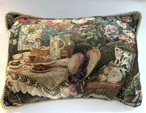 Newport Tapestry Throw Pillow Victorian Garden Tea Party Kitty Cat Rectangle VTG - Picture 1 of 8
