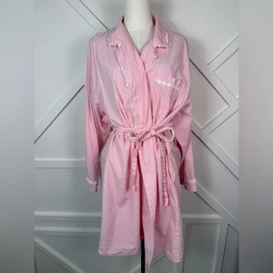 Eileen West Vintage Pink Gingham Seersucker Short Robe With Daisy Lace Trim  1X - Picture 1 of 10