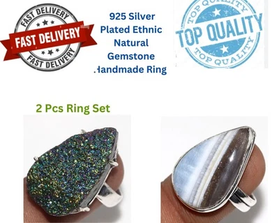 Set di 2 anelli Titanium Druzy, Owhyee Blue Opal | Misura combinata 8 GW - Immagine 1 di 4