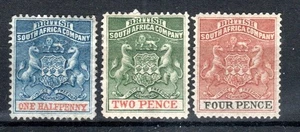 Rhodesia 1892-94 valori 1/2d, 1d e 2d SG 19, 29 e 22 MH - Foto 1 di 1
