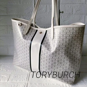 Tory Burch Gemini Link Tote Bag Shoulder Bag White PVC Leather Gold Logo Stripe - Picture 1 of 24
