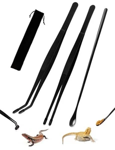 3PCS Reptile Feeding Tongs with Rubber Tips 11.8-inch Stainless Steel black - Picture 1 of 7