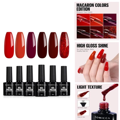 TOMICCA UV Nagellack Set 6 Farben Rot & Glitzer Soak-Off UV/LED Gel Nage... - Bild 1 von 4