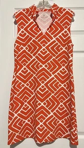 Mahi Gold Damen ärmelloses Etuikleid orange & weiß Geo-Print Größe Large - Bild 1 von 6