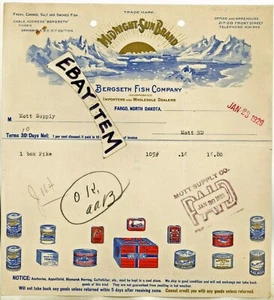 1929 FARGO NORTH DAKOTA BERGSETH Fish Co. BILLHEAD marca sol de medianoche color - Imagen 1 de 1