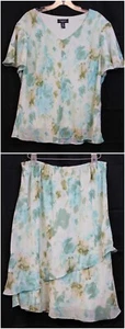 R&M Richards Outfit sz 18 W Teal Floral Shirt Tiered Skirt Spring Assmytrical - Picture 1 of 12