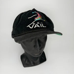 Sombrero de pana vintage Ski Vail Colorado negro deletreado correa trasera cabeza imperial - Imagen 1 de 6