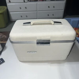 VTG MCM Retro Sears Forecast Cream Hard Train Make Up Case W/Mirror And 3 Keys - Picture 1 of 24