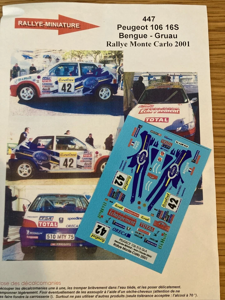DECALS 1/43 PEUGEOT 106 BENGUE RALLYE MONTE CARLO 2001 WRC RALLY MONTECARLO - Photo 1/1