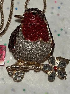 Bird Necklace with Red & White Crystals, Rhinestones 2x2 + Chain - Picture 1 of 13