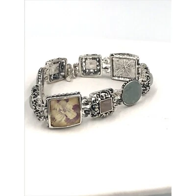 Pulsera Enjaulada Cabina Facetada Cadena Eslabón Resina Floral Estilo Artesanal 7.5" Palanca Foto 1 de 4