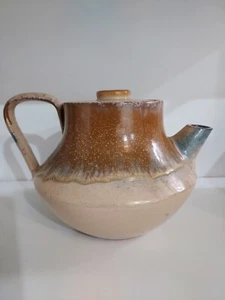 Ceramic Glazed Brown Beige Blue Tip Tea Pot Italy Made - Picture 1 of 9