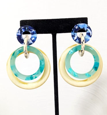 Brincos de gota de anel duplo Lele Sadoughi azul verde tamanho grande ESTADO PERFEITO - Imagem 1 de 4