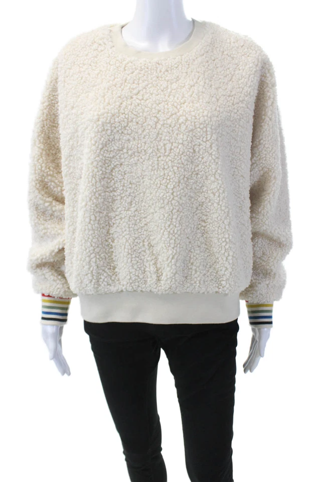 Sudadera de peluche Sundry para mujer manga larga ribete a rayas cuello redondo blanca talla 1 Foto 1 de 4