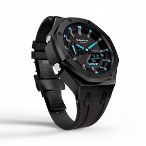 Orologio Casioak Mod Casio G-Shock GA-2100 cassa metallo nero cinturino modded GA2100-1A2 - Foto 1 di 5