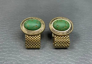 Vintage Green and Gold Agate Yellow Gold Plated Wrap Around Cuff Links - Picture 1 of 2