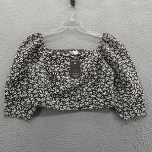 NWT Levis Yvie Puff Sleeve Floral Cropped Top Large Black White Womens Summer - Picture 1 of 16