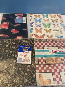 Vintage All Occasion Gift Wrap Lot Of 4 Cars, Butterflies, Flowers, Roosters NEW - Picture 1 of 10