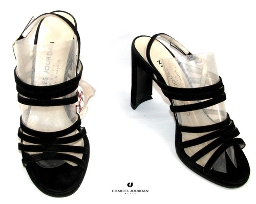 JORDAN Charles Jourdan Sandali Tacchi 10 CM Pelle Velluto Nero 37 Ottime Condizioni
