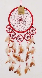 Traumfänger 6 Ringe rot, D=16,5 cm, Federn Perlen, Indianer Träume, Dreamcatcher - Bild 1 von 2