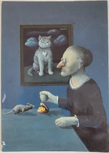 Tarjeta postal vintage de dibujos animados humor gato ratón dientes postizos Ernst Kahl mediodía 4x6 - Imagen 1 de 2