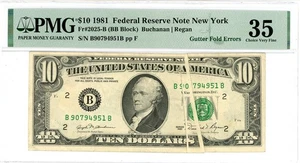 1981 Gutter Fold Errors $10 Federal Reserve Note New York Fr#2025-B 35 PMG - Picture 1 of 2