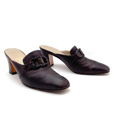 Vintage Salvatore Ferragamo Chocolate Brown Leather Square Toe Mules Size 8.5 - Image 1 of 4