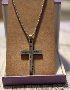 Stainless Steel Cross Necklace with Bible Verse Psalm 118:6 Christian Jewelry - Picture 1 of 1