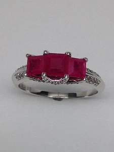 10K White Gold Three Stone Princess Cut Ruby and Pave Set Diamond Ring July New - Picture 1 of 12