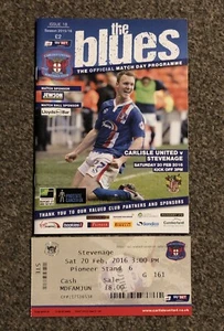Carlisle United vs Stevenage Programme & Ticket, 20/2/2016, Excellent Condition - Picture 1 of 4