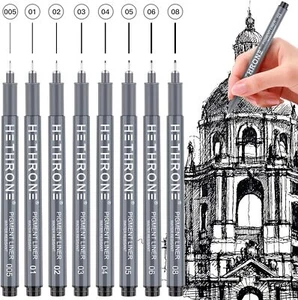 Drawing Pens Set Of 8 Black/Sepia Fineliners Waterproof Ink Sketching & Writing - Picture 1 of 10