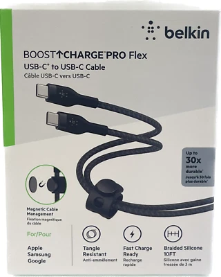NEW Belkin BoostCharge Pro Flex USB-C Cable W/USB-C Connector Cable + Strap 10FT - Image 1 of 3