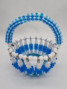 Handcrafted Plastic Beads & Safety Pins Blue & White Beaded 6x6 Inch Basket  - Picture 1 of 6