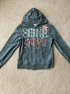 JUSTICE GIRLS 16 ZIP FRONT VELOUR HOODIE, SHINE BRIGHT SPARKLY LOGO FRONT - Picture 1 of 3