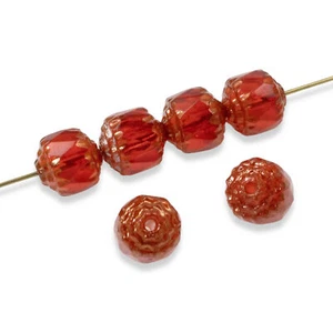 12 Faceted 8mm Crown Cathedral Beads - Siam Red + Bronze Ends - Czech Glass - Picture 1 of 7