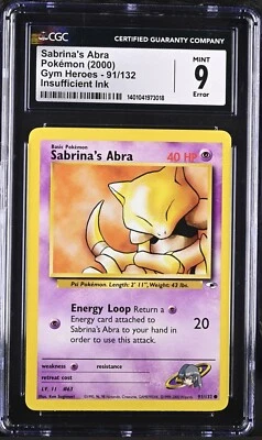 CGC 9 MINT ERROR INSUFFICIENT INK Sabrina's Abra Gym Heroes 91/132 Pokemon WOTC - Image 1 of 2