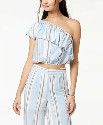 The Edit By Seventeen Juniors' One-Shoulder Striped Crop Top, Blue/White, Medium - Image 1 of 3