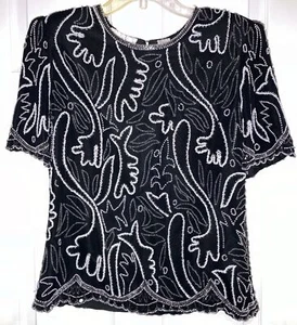 Vintage Laurence Kazar Blouse Womens Petite Small PS Silk Beaded Sequins Evening - Picture 1 of 6