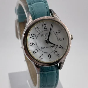 Ecclissi Sterling Silver Watch Womens 29mm Case Blue Leather Band Pearl Look - Picture 1 of 13