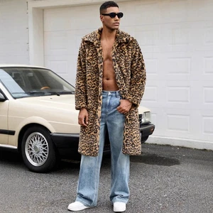 112cm-117cm Length Mens Lapel Leopard Printed Long Faux Fur Coat Overcoat Winter - Picture 1 of 16