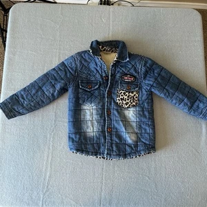 Cheetah Denim Jacket Quilted Sherpa Lined KPOP Kids Youth Size 5 - Picture 1 of 6