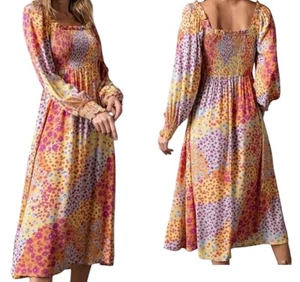 Easel Dress Womens Medium Patchwork Ditsy Floral On/Off Shoulder Smocked Midi - Picture 1 of 8