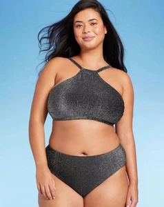 NWT Wild Fable 2 PC Bikini Halter Top D/DD Cheeky Bottom 1X Black Silver Sparkle - Picture 1 of 13