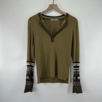 Y2K Free People Thermal Shirt Sz M Olive Fair Isle Waffle Cuff Forest Goblin - Image 1 of 4
