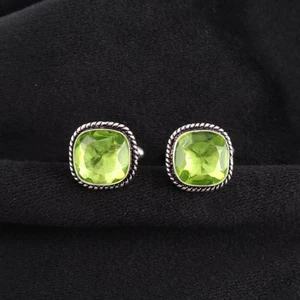 Peridot Gemstone 925 Sterling Silver Jewelry Handmade Wedding Cufflinks 0.61" - Picture 1 of 6