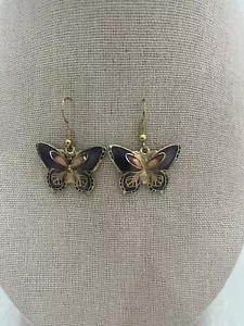 Pendientes Vintage Cloisonne Esmalte Mariposa Lavanda Oro Rosa - Imagen 1 de 3