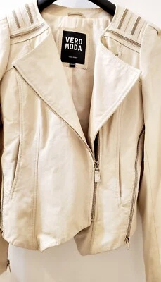 Vero Moda Genuine Leather Biker Jacket White Size S Puff Shoulder Retails $495 - Image 1 of 4