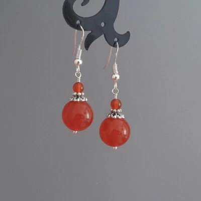 Pendientes colgantes de gancho con cuentas redondas de piedra de ágata cornalina roja de 6-12 mm Foto 1 de 4